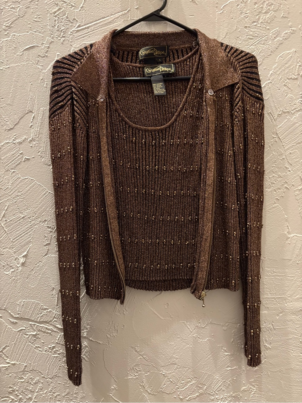 Christine Phillipé Bronze Metallic Knit Zip Cardigan & Tank set